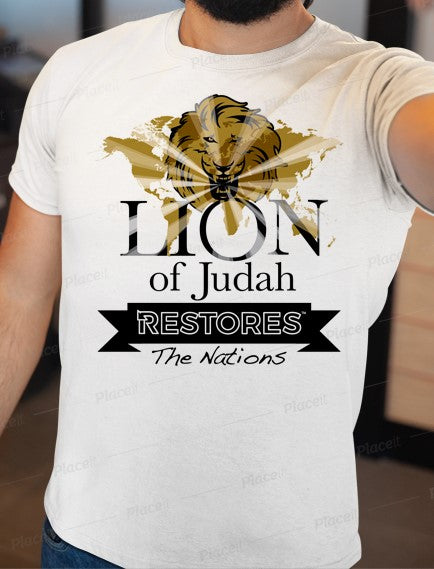 33 items of White Shirts with Graphic of LION Of Judah Apparel Restores the Nations TM + DarkGrey Gold Lettering (TRN) with Chevy and CruZen Options